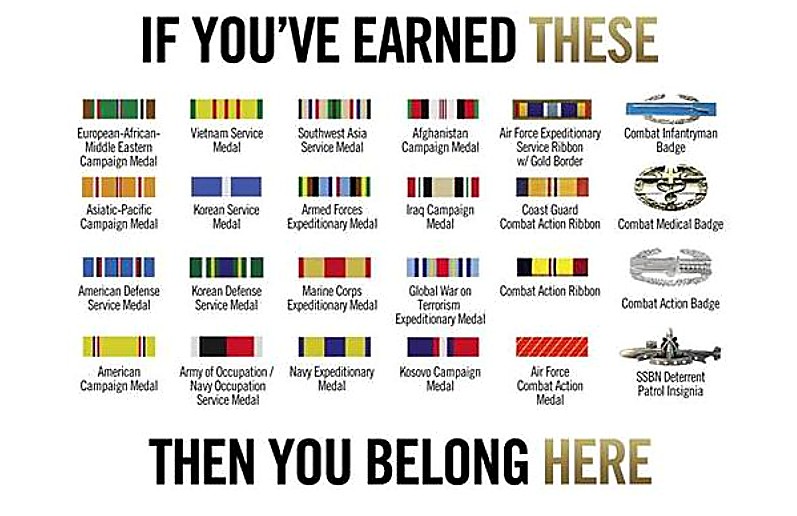 VFW qualifying campaign medals, service ribbons, and combat badges
